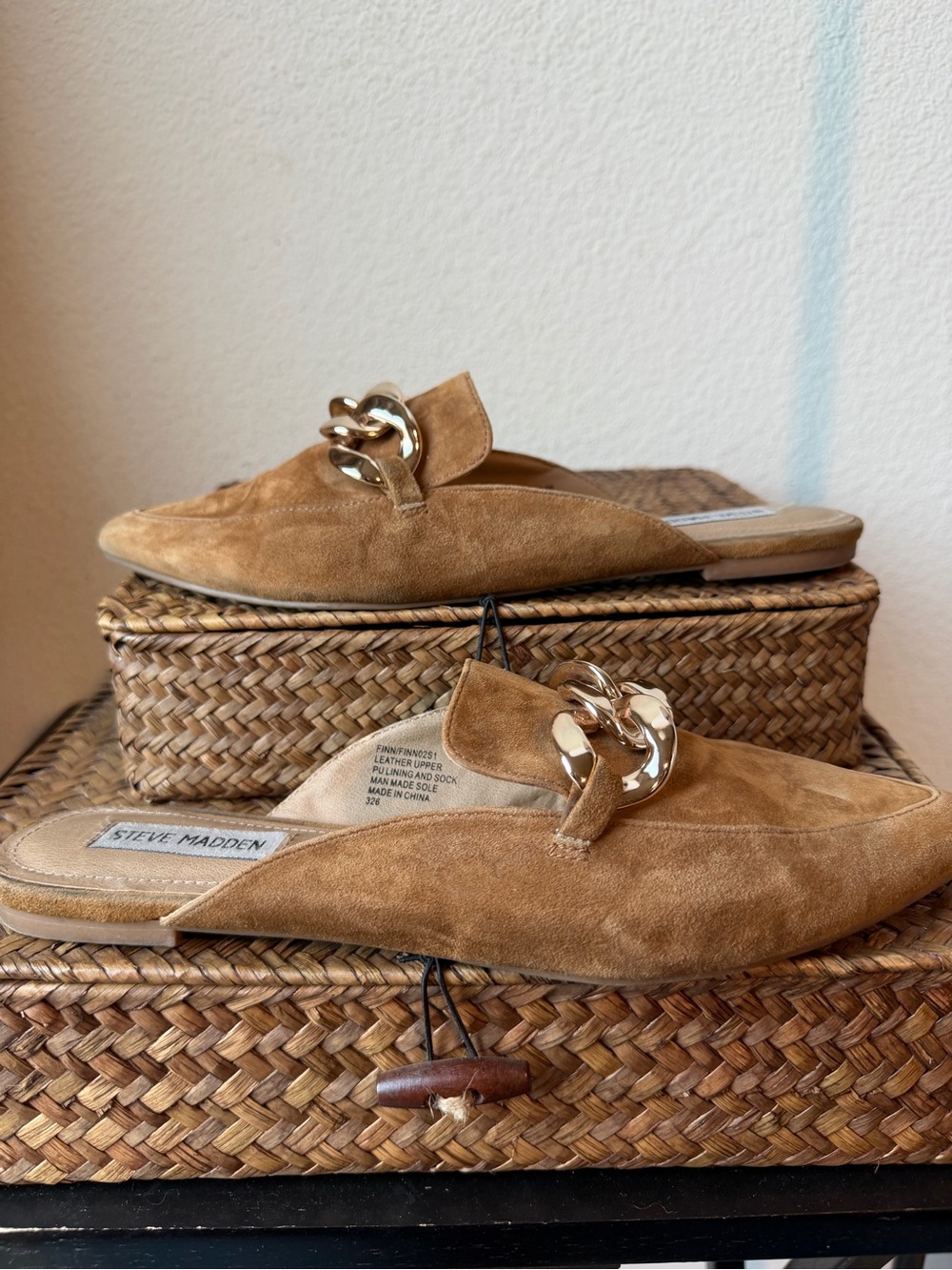 Steve Madden Camel Suede Slip-On Mules with Gold Chain